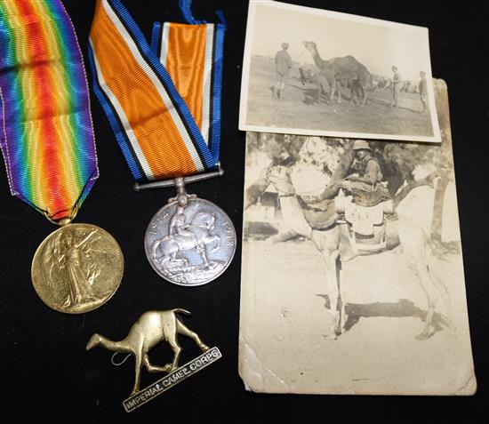 A Great War Imperial Camel corps badge, a group of two medals and an album containing one hundred and twelve photographs.